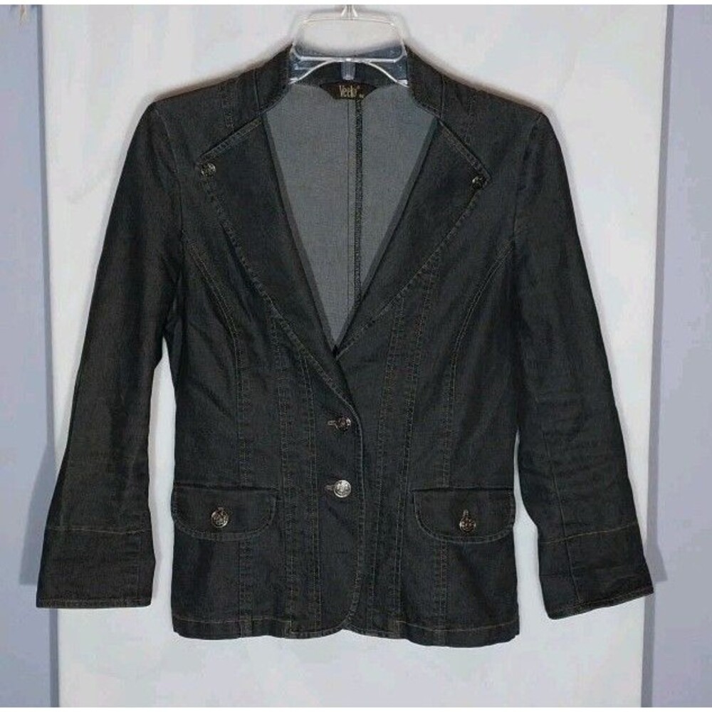Vintage Y2K Black Stretch Denim Blazer Jacket Womens M Tailored Fitted